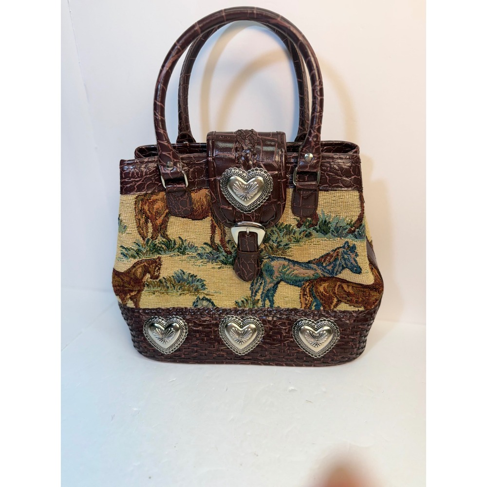 Western Horse Tapestry Satchel Handbag Heart Conchos Brown Croc Trim